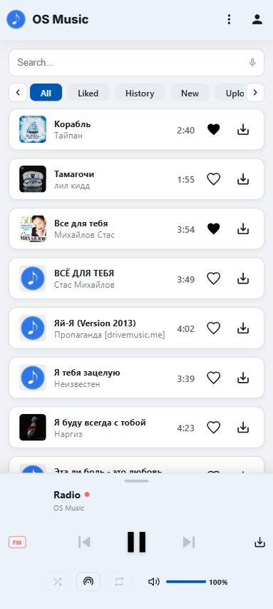 Radio section within the mobile interface